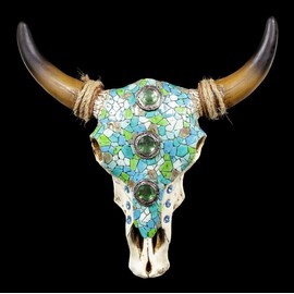 Figuren Shop GmbH Cattle Skull 31.5 cm Decorated with Mosaic and Gemstones | Wall Relief Trophy Head Cow Longhorn Horns Bull