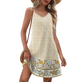 Zeagoo Sleeveless Dress for Women V Neck Boho Mini Dress Flowy Aline Tiered Floral Dresses with Pocket Spaghetti Strap Dresses Petite Dress