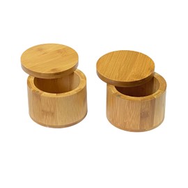 Cregugua 2-Pack Bamboo Salt Keeper Jars Pepper Holder Round bamboo Storage with Magnetic Swivel Lid (6 OZ)