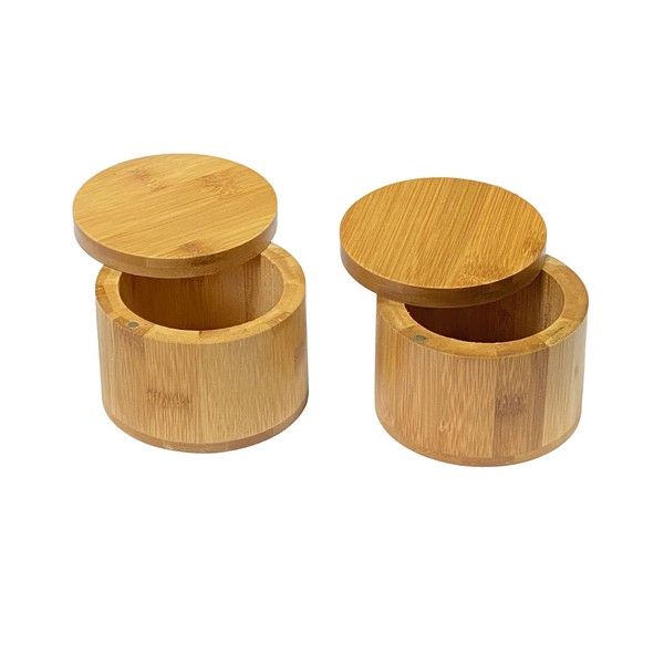 Cregugua 2-Pack Bamboo Salt Keeper Jars Pepper Holder Round bamboo