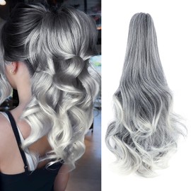 Felendy Ponytail Extension Claw 18" 20" Curly Wavy Straight Clip in Hairpiece One Piece A Jaw Long Pony Tails for Women Sliver Gray to Platinum Blonde