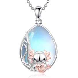 LEECCI Axolotl Necklace 925 Sterling Silver Moonstone Animal Pendant Salamander Jewelry Gift for Women Mother