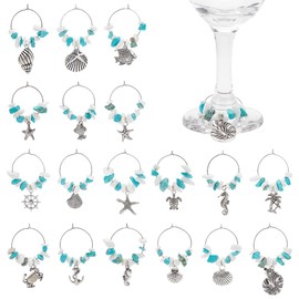 FINGERINSPIRE 18 PCS Beach Wine Glass Charms 2 inches Shell Crab Starfish Seahorse Conch Styles Wine Glass Identifier Charms Tibetan Style Wine Glass Tags for Summer Beach Themed Wine Party