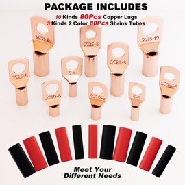 Sanuke 160pcs Copper Wire Lugs Connectors Kit AWG 12 10 8 6 4 2 with Heat Shrink, 80pcs Battery Cable Lugs Ends Ring Terminals Connectors and 80pcs Heat Shrink Tubing