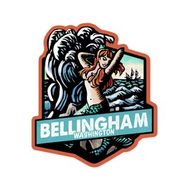 Die Cut Sticker Bellingham, Washington, Mermaid, Scratchboard, Contour Vinyl Sticker 1 to 3 inches (Waterproof Decal for Cars, Water Bottles, Laptops, Coolers), Small