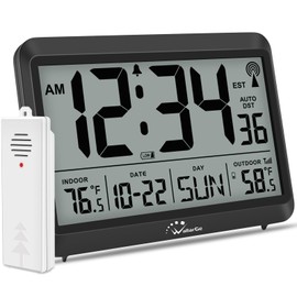WallarGe WallarGe Atomic Clock with Indoor Outdoor Temperature - 8.5' Digital Clock Battery Operated, Self-Setting, 4 Time Zones, DST