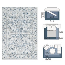 jinchan 8x10 Area Rug for Living Room Washable Soft Throw Rug Ultra-Thin Stain Resistant Non-Slip Distressed Vintage Floral Large Carpet for Bedroom,Dining Room,Home Office,Nursery(8x10ft,Blue)