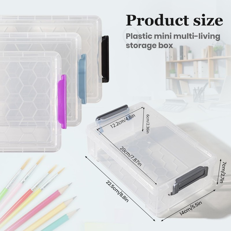 Clear Pencil Box Plastic Storage Containers 4 Pack, Latch Storage