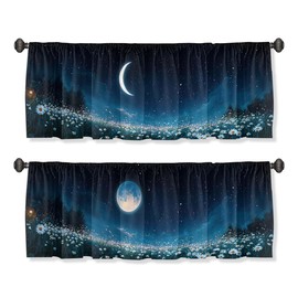 Wssklovj Moon Curtain Valance for Windows 2 Pack White Daisy Night Sky Star Rod Pocket Printed Curtain Valances Short Tier Curtains for Living Room Bathroom Bedroom 54x18 Inch