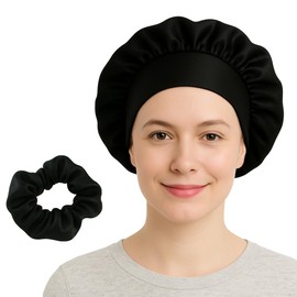 Silk Sleep Bonnet for Women with Scrunchie | Adjustable Satin Night Cap | Breathable Hair Protector for Curly, Natural, Black Hair (Black)