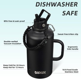 BJPKPK 2/3 Gallon Water Bottle Insulated with Straw Lid, 50oz, 64oz, 87oz, 128oz Large, Stainless Steel Water Bottles with 3 Lids and Paracord Strap, Double Wall Vacuum Metal Water Jug,Black