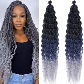 Water Wave Braiding Hair Pre Stretched Ombre Wavy Curly Braiding Hair for Boho Crochet Braids 24 Inch Deep Wave Ocean Wave Crochet Hair Curly for Black Women Synthetic Hair Extensions 2 Packs
