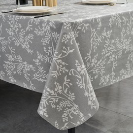 Vinyl Tablecloth with Flannel Backing - Waterproof, Oil-Proof, Easy to Clean -Plastic Table Cloth - Perfect for Dining Tables, Kitchen Tables, Parties (Grey Leaves, 54×54 Inch Square)