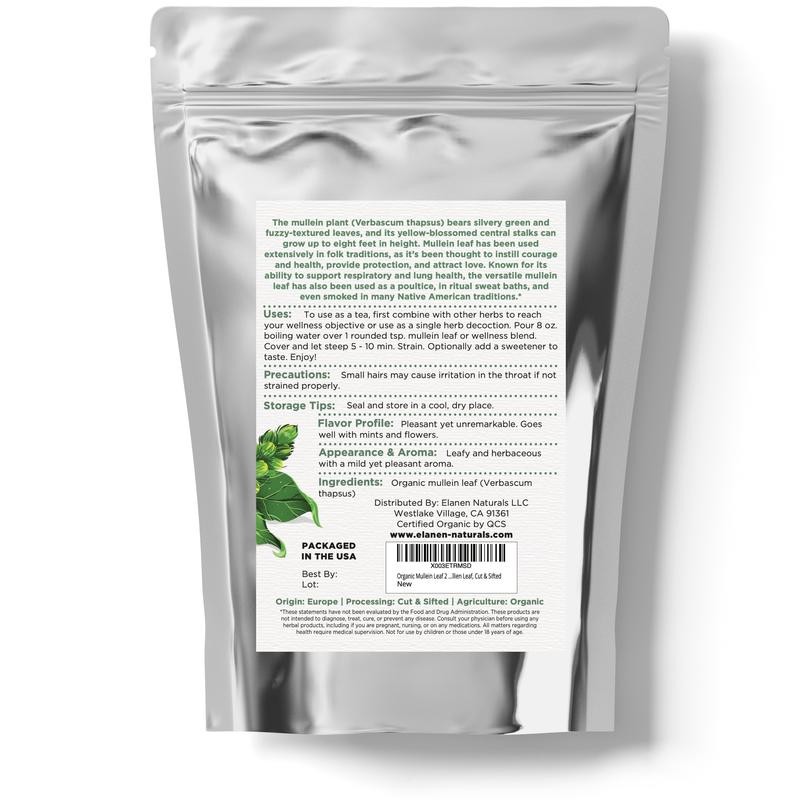 Elanen Naturals Mullein Leaf, USDA Certified Organic, Cut & Sifted