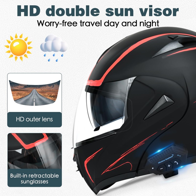 Motorcycle Bluetooth Modular Helmet, DOT Approved Dual Visor Full Face