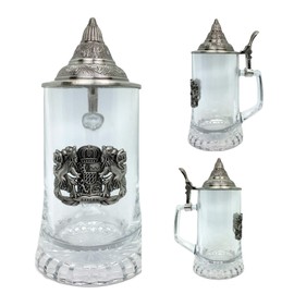 Beer Glass German Bayern Metal Medallion Bar Gifts for Men With Metal Lid Glass Mug by E.H.G. | .5 Liter
