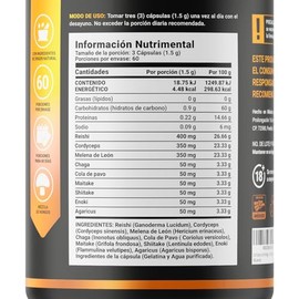 Mezcla de Hongos Adaptogenos. 180 Cápsulas con 1500 mg por porción. Melena de León, Reishi, Cordyceps, Chaga, Cola de Pavo. Ingredientes naturales. Mu