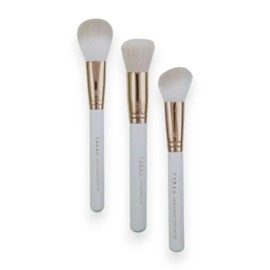 F.A.R.A.H Rose Gold Face Brush Trio - 3 Piece Vegan Makeup Brush Set for Powder, Contour & Stippling - Brass Ferrule & Wooden Handle Professional Face Brushes