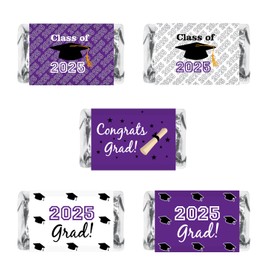 60 New Graduation Cap Party Class of 2025 Miniatures Candy Bar Wrapper, Mini Candy Chocolate Bar Stickers, Labels, Candy Not Included, Color Purple. Made in USA