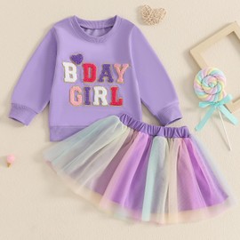 JLKGICF Toddler Baby Girl Birthday Outfit Letter Embroidery Long Sleeve Sweatshirt Tutu Dress Skirts Birthday Gift 12M-5T (Purple, 3-4T)