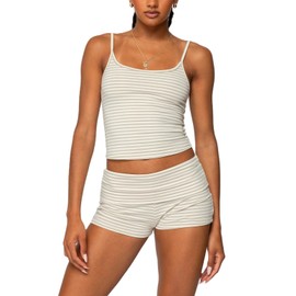 Faymlc Women 2 Piece Striped Pajama Set Y2k Sleeveless Cami Tank Top and Fold Over Shorts Lounge Set Sleepwear (Yellow, S)