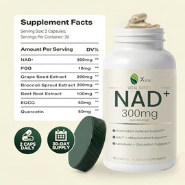 XAGE Suplemento de apoyo NAD+, ribósido de nicotinamida, alternativa de suplemento NMN - con PQQ, EGCG y extracto de brote de brócoli, apoya la energí