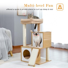 BEROXII 35 Inches Cat Tree for Indoor Cats, Wooden Medium Cat Tree House with Dangling Balls, 18.9"X17.3"X35", (Grey)