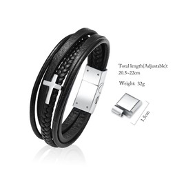 VCCWYQK Multi-Layer Braided Stainless Steel Men's Cross Bracelets, Leather Rope Inspirational Bracelets Bangle Wristband Cremation Jewelry Gift for Men (20.5-22cm, B)
