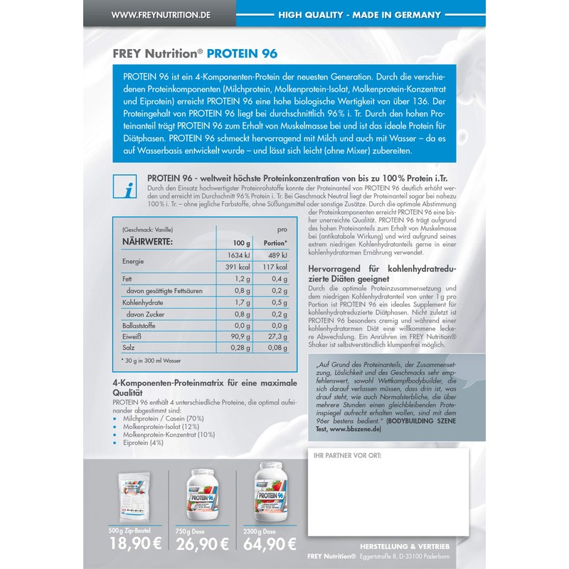 Frey Nutrition Protein 96 750 g Tub 1127