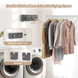 Retractable Clothesline Indoor, Non-Sagging Twin Clothes Line Outdoor,Heavy Duty Clothes Drying Laundry Line,Wall Mounted Stainless Steel Double Clothesline for Balconies, Bathroom - 2 * 13.8ft (Gray)
