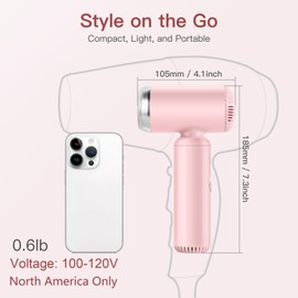 Hair Dryer, [Super Mini] Ionic High-Speed Blow Dryer 110V Travel 200 Million Negative Ions, 110,000RPM Brushless Motor for Home Salon Fast Drying Portable Lightweight, Pink