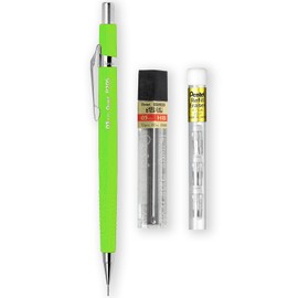 Pentel P205-97C Fluorescent Single Mechanical Pencil + 12 Hi-Polymer HB 0.5mm Refills + Z2-1N Eraser Refills (Pack of 4) (Fluorescent Green)
