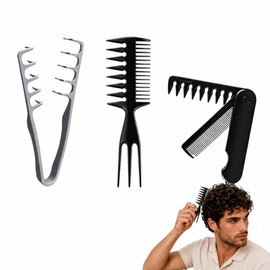 3Pzs Peine Texturizador para Hombre, Dientes Anchos, Peine Plegable 2 en 1 | Ideal para Cabello Rizado y Ondulado, Crea Volumen y Textura Natural, Uso Diario y Profesional