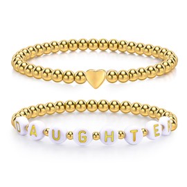 MEALGUET Trendy Gold Bracelets for Daughter : 2 Pcs To My Daughter 14K Gold Plated Stainless Steel Beaded Heart Stretch Bracelets for Women,Jewelry Gifts for Birthday Graduation from Mom Dad