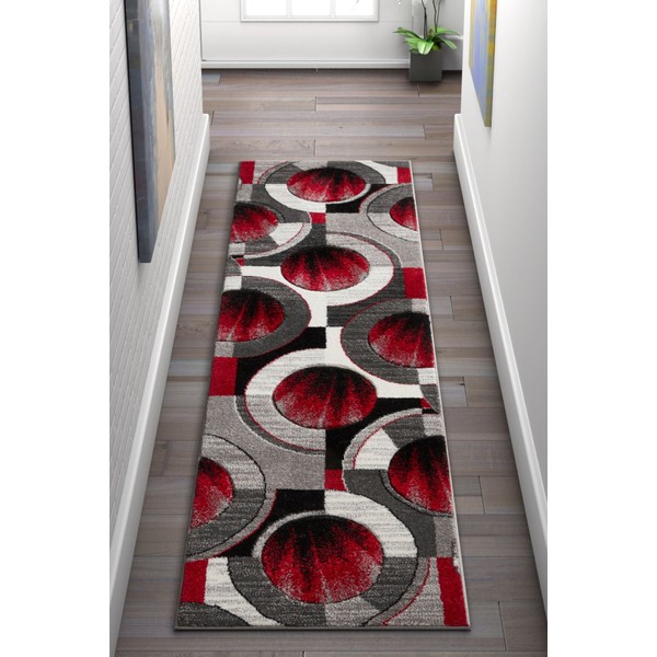 Well Woven Sunburst Red, Light Grey, Charcoal Modern Geometric Comfy Casual Hand Carved 2x7 (2' x 7' Runner) Area Rug Easy to Clean Stain Fade Resistant Abstract Contemporary Thick Soft Plush