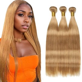 Light Brown Bundles Human Hair, Brown Hair Extesions, Natural Straight Human Hair Bundles 12 14 16 inch Double Weft Brazilian Human Hair Silky Soft Weave Extensions For Black Woman