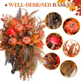 Norme Fall Basket Wreath for Front Door - 23" Fall Artificial Rattan Hanging Basket Wreath, Pumpkin and Pine Cones Autumn for Harvest, Thanksgiving, Home Decor