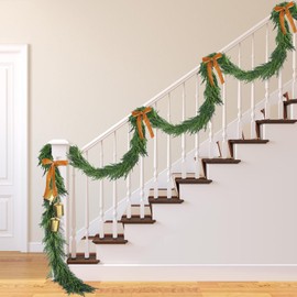 Glitinsel 1 Pcs Norfolk Pine Garland with 1 Pc Khaki Velvet Ribbon 3 Pcs Rustic Iron Wrought Bell for Christmas Home Decor (18 ft)