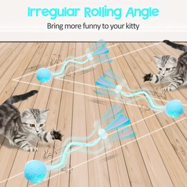 PLITTPETTS Interactive Cat Toys Ball for Indoor Cats, Automatic Moving Ball Toy with Elastic Mesh Tail, Chirping & Obstacle Avoidance and Motion Activated, Blue【Rechargeable】