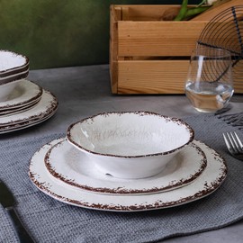 LEHAHA Vintage White Melamine Dinnerware set-12 Piece Lightweight Unbreakable Outdoor Camper Plates/Dishes and Bowls Set, Service for 4, Dishwasher Safe…