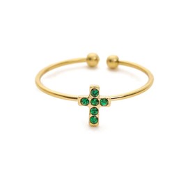 Youzealou Adjustable Crystal Cross Ring for Women - 18K Gold Plated Open Christian Ring, Faith, Hope, Love, Purity Symbol Ring (green)