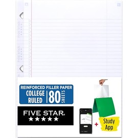 Five Star Papel de hojas sueltas + aplicación de estudio, papel de cuaderno de relleno con rayas universitarias, reforzado, combate el sangrado de tin