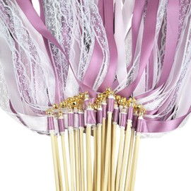 50Pcs Ribbon Sticks Wands Streamers with Bells Silk Fairy Stick Party Ribbon Streamers for Wedding Party, Birthday and Holiday Activities-Purple
