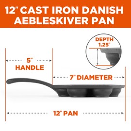 Commercial Chef Cast Iron Danish Aebleskiver Pan, Preseasoned Cast Iron Cookware for Pancake Puffs, Makes 7 Pancake Balls