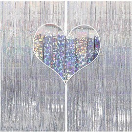 Set of 2 Tassel Curtains, Sparkling Background, Bright Shiny, Birthday, Decoration, Party, Wedding, Stage, Space Decoration, Backdrop, Foil Curtain, Photo Booth, Colorful Party Decoration, 39.4 x 98.4 inches (100 x 250 cm) (Silver)