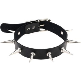 Punk Leather Long Rivets Choker Necklace PU Rock Gothic Spikes Adjustable Neck for Unisex - Color: Red