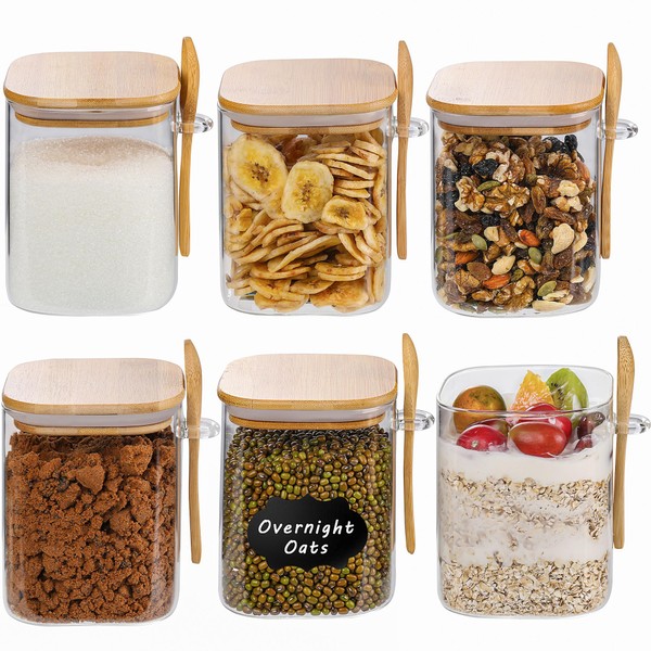 6 Pack Square Glass Jar with Bamboo Lids and Spoons