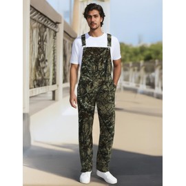 LONGBIDA Camo Overalls for Men Loose Fit Camouflage Jean Coveralls Work Denim Bib Jumpsuit with Zipper, Camo, XL