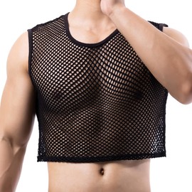 YUFEIDA Men's Vests Fishnet Crop Top Mesh Transparent Crop Half Tank Tops Novelty T-Shirts Undershirts for Men, Vest Black