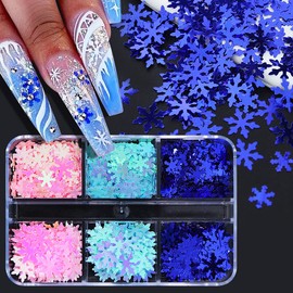 Christmas Nail Art Stickers Decals - 6 Grids Blue Snowflake Glitter Sequins - Xmas Snow flakes Nail Art Decoration for Nails Pink Snowflakes Winter Christmas Nail Supplies for Professional Accessories